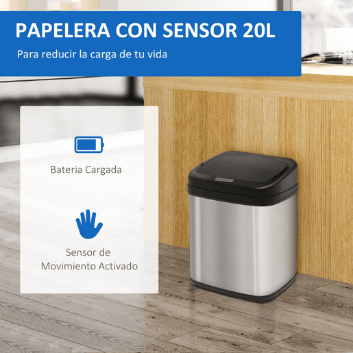 HOMCOM Balde de Lixo Automático 20L Balde de Lixo de Cozinha de Aço Inoxidável com Sensor Infravermelho Abertura Automática Cubo Amovível e Alça 33x25x42,5 cm Prata e Preto