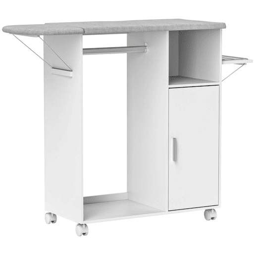 HOMCOM Móvel de Engomar de Madeira Móvel de Engomar com Rodas Barra para Pendurar Roupa Prateleira Aberta e Tábua Dobrável para Sala Quarto 107x42,5x99 cm Branco