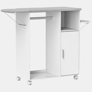 HOMCOM Móvel de Engomar de Madeira Móvel de Engomar com Rodas Barra para Pendurar Roupa Prateleira Aberta e Tábua Dobrável para Sala Quarto 107x42,5x99 cm Branco