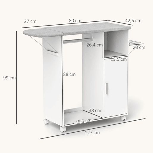 HOMCOM Móvel de Engomar de Madeira Móvel de Engomar com Rodas Barra para Pendurar Roupa Prateleira Aberta e Tábua Dobrável para Sala Quarto 107x42,5x99 cm Branco