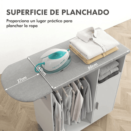 HOMCOM Móvel de Engomar de Madeira Móvel de Engomar com Rodas Barra para Pendurar Roupa Prateleira Aberta e Tábua Dobrável para Sala Quarto 107x42,5x99 cm Branco