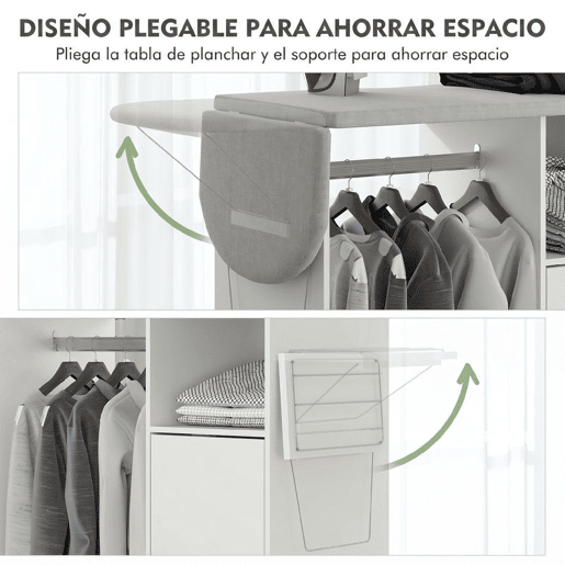 HOMCOM Móvel de Engomar de Madeira Móvel de Engomar com Rodas Barra para Pendurar Roupa Prateleira Aberta e Tábua Dobrável para Sala Quarto 107x42,5x99 cm Branco