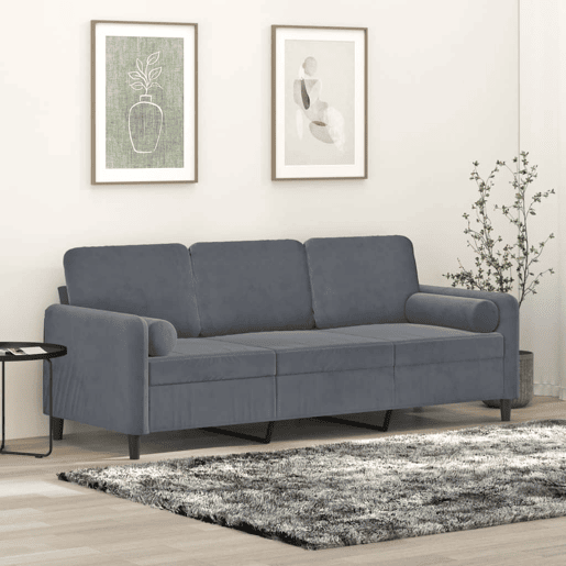 Sofá 3 lug. - Sofá fixo c almofadas decorativas 180 cm veludo cinza-escuro