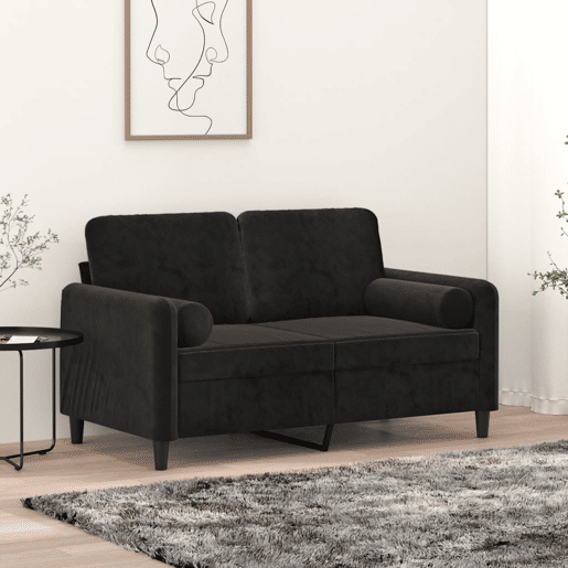Sofá 2 lugares - Sofá fixo c almofadas decorativas 120 cm veludo preto Sofá 2 lugares - Sofá fixo c almofadas decorativas 120 cm veludo preto