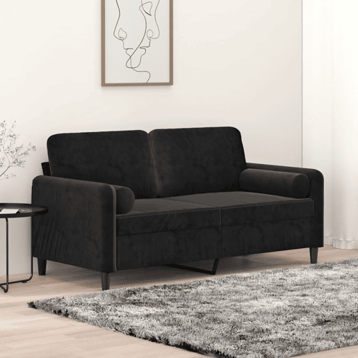 Sofá 2 lugares - Sofá fixo c almofadas decorativas 140 cm veludo preto Sofá 2 lugares - Sofá fixo c almofadas decorativas 140 cm veludo preto