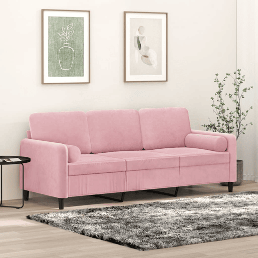 Sofá 3 lugares - Sofá fixo c almofadas decorativas 180 cm veludo rosa