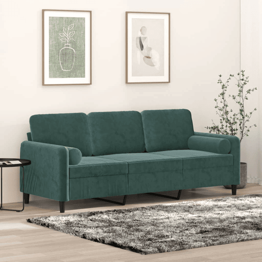 Sofá 3 lug. - Sofá fixo c almofadas decorativas 180 cm veludo verde-escuro