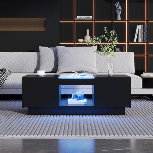Mesa de centro com LED - 2 gavetas e 1 compartimento aberto - Preto