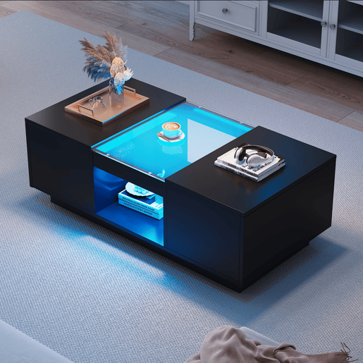 Mesa de centro com LED - 2 gavetas e 1 compartimento aberto - Preto