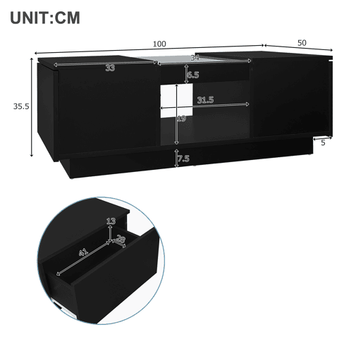 Mesa de centro com LED - 2 gavetas e 1 compartimento aberto - Preto