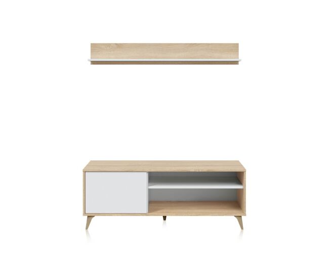Mueble TV con almacenaje y estante en blanco artik y roble canadian 135 cm Lira Blanco Artik (Blanco Mate) - Roble Canadian 135 x 50 x 40 cm