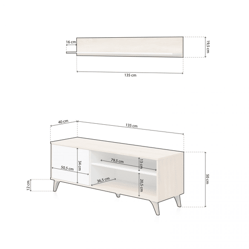 Armário para televisão com prateleira Lira Artik White (Branco mate) - Carvalho canadiano 135 x 50 x 40 cm
