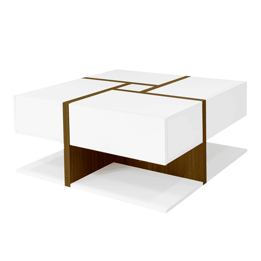 Mesa de centro - 4 gavetas - espaço de arrumação na parte inferior - 78x78x36cm - Branco e castanho