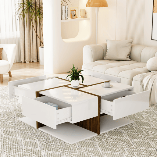 Mesa de centro - 4 gavetas - espaço de arrumação na parte inferior - 78x78x36cm - Branco e castanho