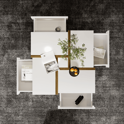 Mesa de centro - 4 gavetas - espaço de arrumação na parte inferior - 78x78x36cm - Branco e castanho