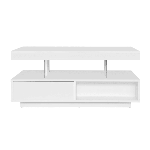 Mesa de centro com LED - gaveta aberta e compartimentos - Branco