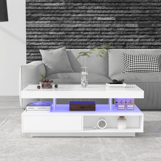 Mesa de centro com LED - gaveta aberta e compartimentos - Branco