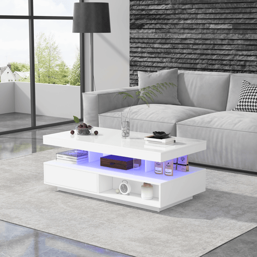 Mesa de centro com LED - gaveta aberta e compartimentos - Branco