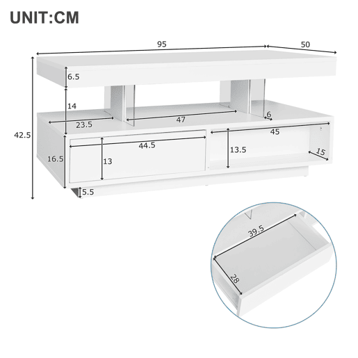 Mesa de centro com LED - gaveta aberta e compartimentos - Branco