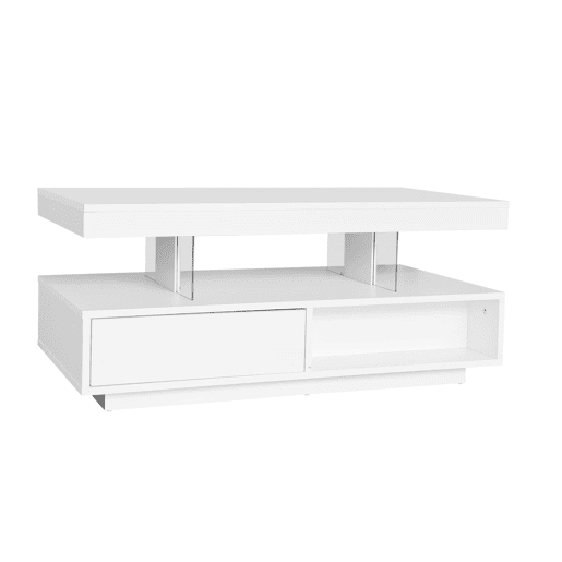 Mesa de centro com LED - gaveta aberta e compartimentos - Branco