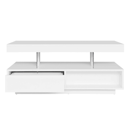 Mesa de centro com LED - gaveta aberta e compartimentos - Branco