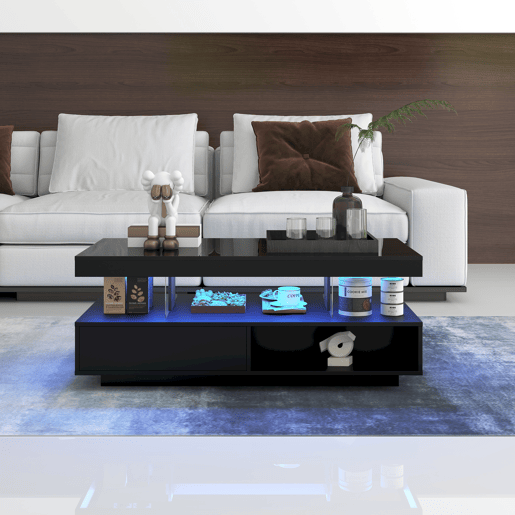 Mesa de centro com LED - gaveta e compartimentos abertos - Preto Mesa de centro com LED - gaveta e compartimentos abertos - Preto
