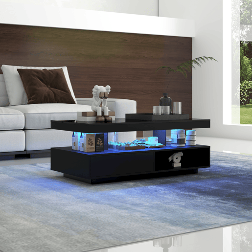 Mesa de centro com LED - gaveta e compartimentos abertos - Preto Mesa de centro com LED - gaveta e compartimentos abertos - Preto