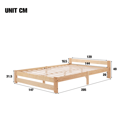 Cama de casal de madeira maciça 140x200cm,natural