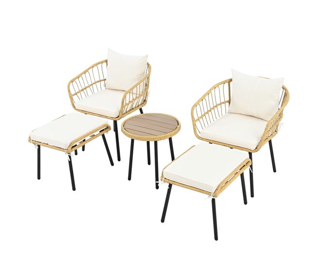 Mesa y sillas de jardín 5 piezas de ratán con 1 mesa,2 sillas y 2 taburetes,natural+blanco