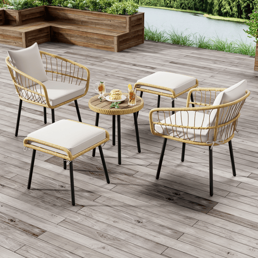 Conjunto de mesa e cadeiras de jardim de rattan 5 peças com 1 mesa,2 cadeiras e 2 bancos,natural+branco