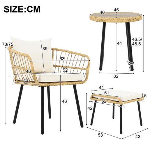Conjunto de mesa e cadeiras de jardim de rattan 5 peças com 1 mesa,2 cadeiras e 2 bancos,natural+branco