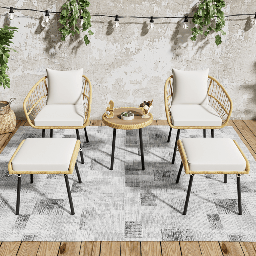 Conjunto de mesa e cadeiras de jardim de rattan 5 peças com 1 mesa,2 cadeiras e 2 bancos,natural+branco
