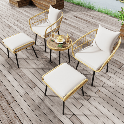 Conjunto de mesa e cadeiras de jardim de rattan 5 peças com 1 mesa,2 cadeiras e 2 bancos,natural+branco