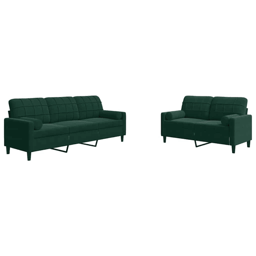 vidaXL 2 pcs conjunto sofás com almofadões e rolos veludo verde-escuro vidaXL 2 pcs conjunto sofás com almofadões e rolos veludo verde-escuro
