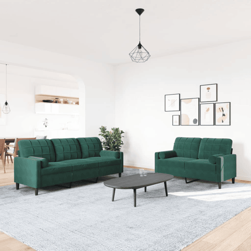 vidaXL 2 pcs conjunto sofás com almofadões e rolos veludo verde-escuro vidaXL 2 pcs conjunto sofás com almofadões e rolos veludo verde-escuro