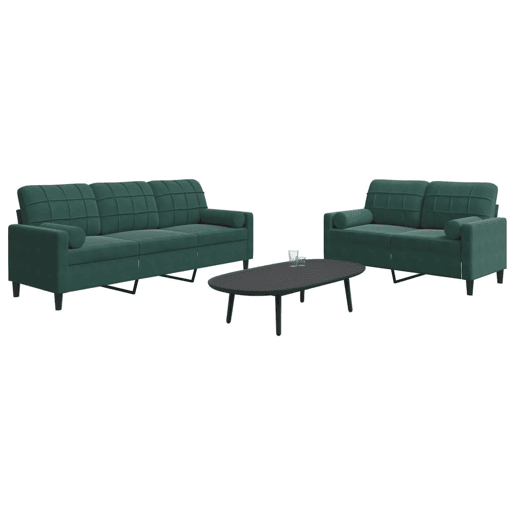 vidaXL 2 pcs conjunto sofás com almofadões e rolos veludo verde-escuro vidaXL 2 pcs conjunto sofás com almofadões e rolos veludo verde-escuro