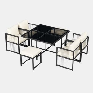 Conjunto de mesa e cadeiras de jardim de tecido 7 peças com 1 mesa,4 cadeiras e 2 bancos,preto+branco