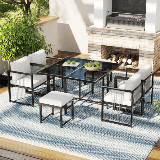 Conjunto de mesa e cadeiras de jardim de tecido 7 peças com 1 mesa,4 cadeiras e 2 bancos,preto+branco