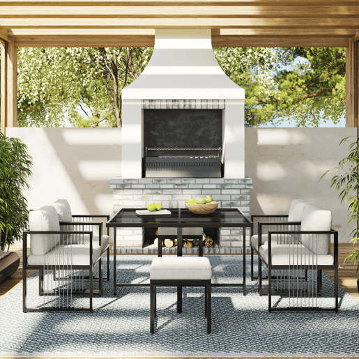Conjunto de mesa e cadeiras de jardim de tecido 7 peças com 1 mesa,4 cadeiras e 2 bancos,preto+branco