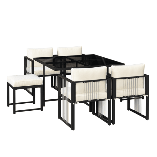Conjunto de mesa e cadeiras de jardim de tecido 7 peças com 1 mesa,4 cadeiras e 2 bancos,preto+branco