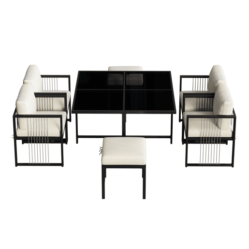 Conjunto de mesa e cadeiras de jardim de tecido 7 peças com 1 mesa,4 cadeiras e 2 bancos,preto+branco