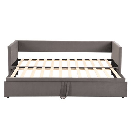 Cama de rodízio de veludo com estrado de ripas - 90180x200cm - Cinzento