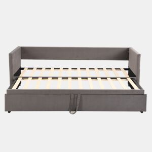 Cama de rodízio de veludo com estrado de ripas - 90180x200cm - Cinzento