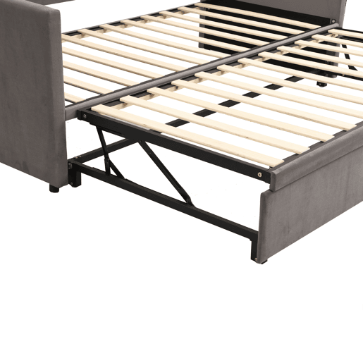 Cama de rodízio de veludo com estrado de ripas - 90180x200cm - Cinzento