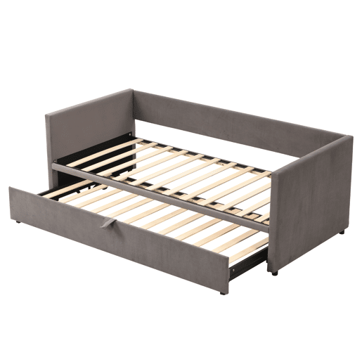 Cama de rodízio de veludo com estrado de ripas - 90180x200cm - Cinzento