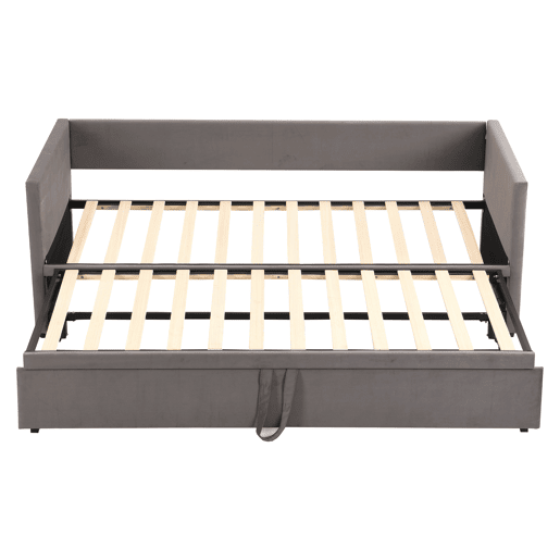 Cama de rodízio de veludo com estrado de ripas - 90180x200cm - Cinzento