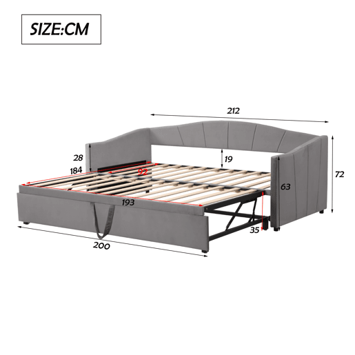 Cama com gavetão de veludo 180x200 cm - estrado de ripas - cinzento