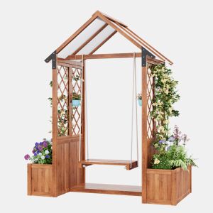 Floreira de madeira maciça com treliça para plantas,guarda-sol de PC e baloiço,castanho