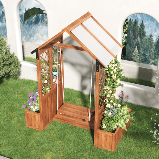 Floreira de madeira maciça com treliça para plantas,guarda-sol de PC e baloiço,castanho