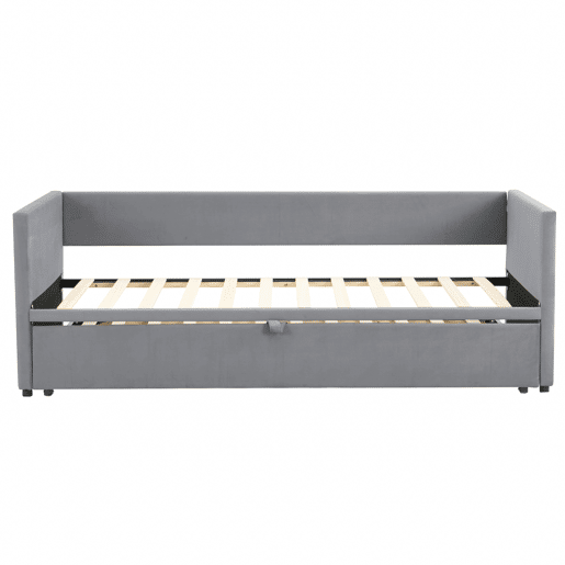 Cama de rodízio de veludo com estrado de ripas - 90180x200cm - Cinzento claro